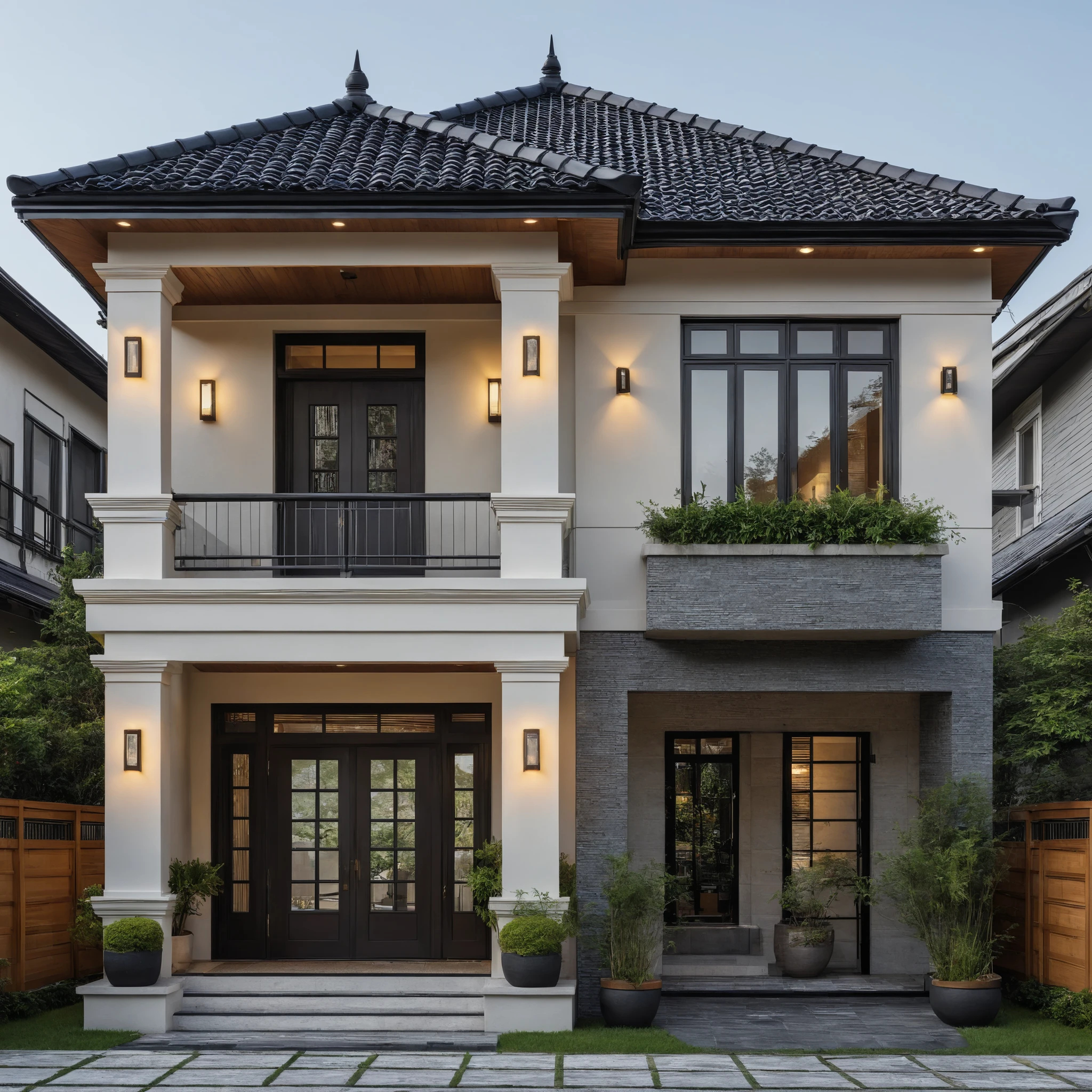 **"A two-story Japanese-inspired neoclassical house (1 ground floor + 1 upper floor), blending minimalist elegance with traditional Japanese architecture. Symmetrical facade with clean lines and subtle classical moldings. Gray aluminum windows and doors, intricate black wrought iron balcony railings with geometric patterns. Soft beige or white exterior walls. Gently sloping dark blue tiled roof (Japanese-style 'Kawara' tiles) with wide eaves and minimalist exposed rafters. Landscaped front garden with stone-paved walkway, bamboo fencing, and a small zen rock garden. Rendered in ultra-realistic 3D architectural style, soft morning light, cinematic depth of field, hyper-detailed textures (focus on tiles, metal, and wood grains), 8K resolution."**