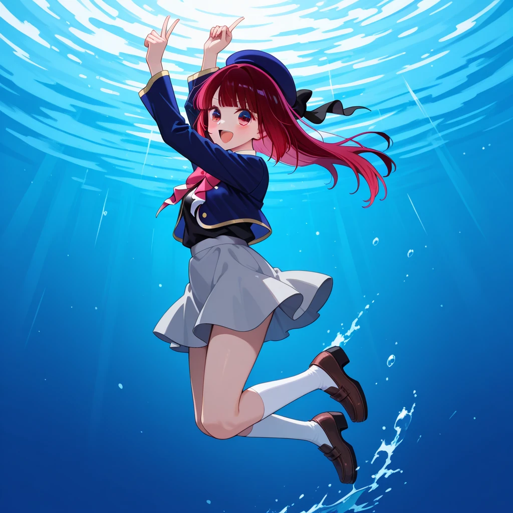 score_9, score_8_up, score_7_up, source_anime, 1girl, pantyhose, plaid skirt, black jacket, dress shirt, parted lips, falling, floating hair, feet out of frame, <lora:YunakaFE-pdxl-bsinky-v1:1>, rndYunaka, long hair, cleavage, medium breasts, star facial mark, star hair ornament, underwater, coral
