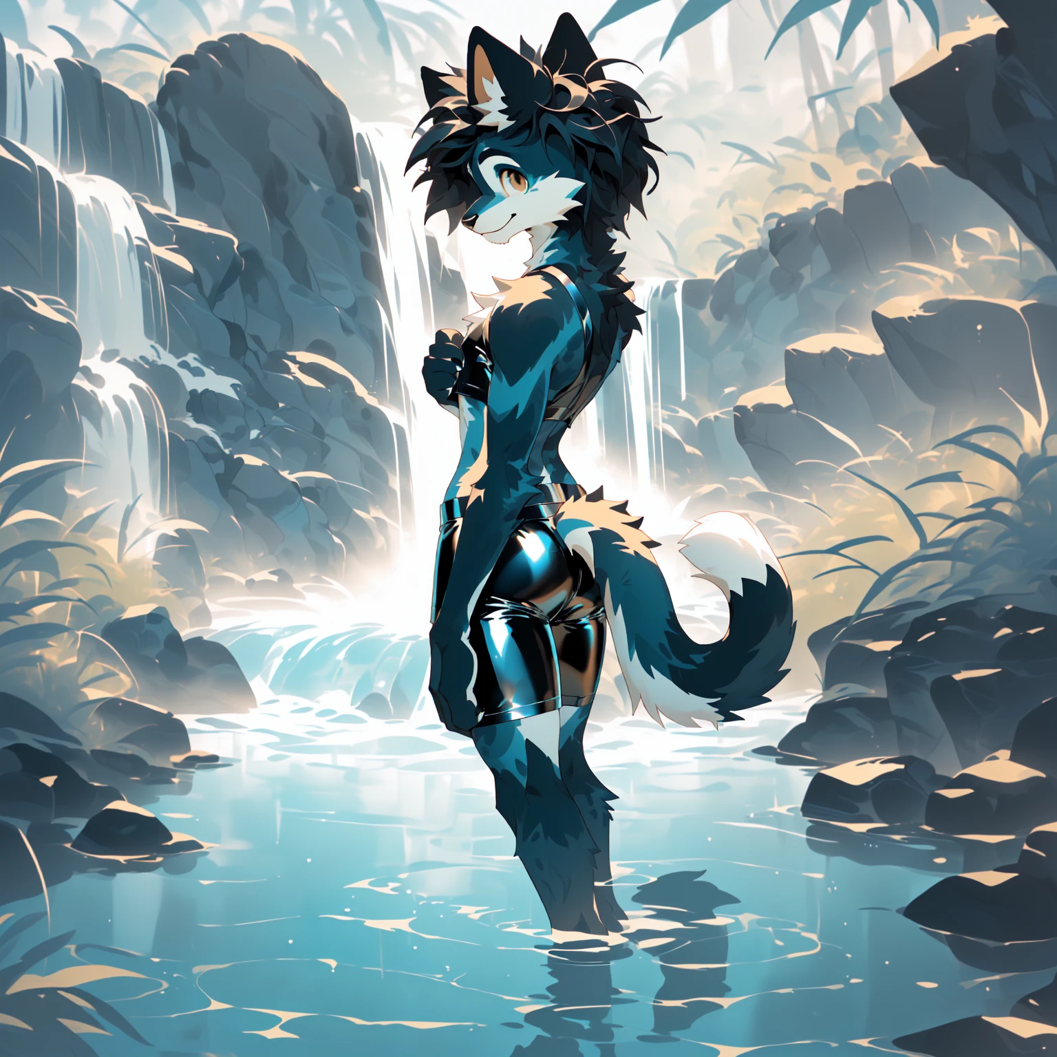 Masterpiece, High quality, best quality, best details, anime artstyle, 2d lineart, anime 2d lineart, Furry, protogen, white fur, fluffy fur, yellow ears, yellow eyes, shark tail, big breast, big hips, female proportions, big nipples, lush long hair, on Swiss villa with views of the Alps, in pool, Mountains on Background, white future villa, Sci-fi house