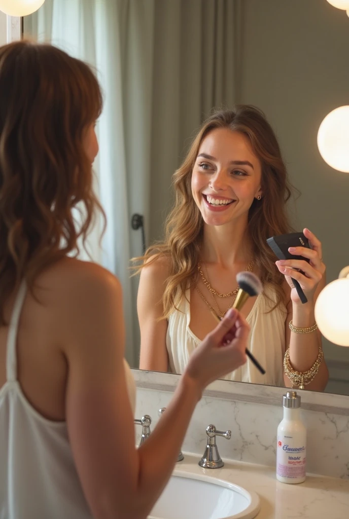 She plays with her sex toys in front of the mirror.