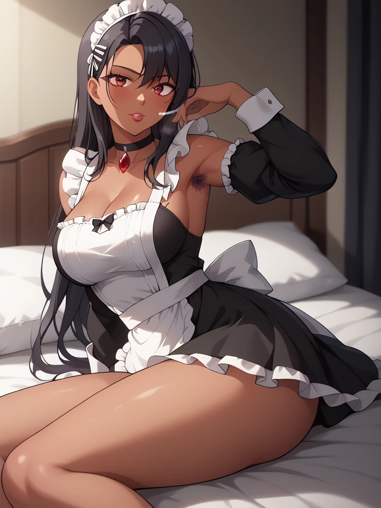 ((Masterpiece)), ((Highest Image Quality)), ((Best Quality)), (Illustration of One Girl), Long Black Hair, (Flat)), (Small), (Tall), (((Muscular Strong Body)), ((Muscular Chest Plate)), ((Muscular and Thick Arms)), ((Muscular and Thick Legs)), (Manspreading)), Open Legs, (((Maid Clothes)), Indoors, Bed,