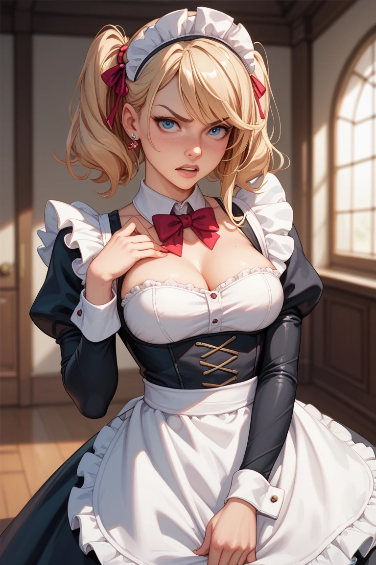 masterpiece, best quality, absurdres, illustration, 8k, perfect shadows,perfect lighting,hdr, ambient lighting,realistic, ultra-realistic, cowboy shot, Photo realistic,(hyperrealistic:1)textured skin,shiny skin,skindentation, beautiful body, (blush:1.2) blonde_hair, bow, breasts, brown_eyes, elbow_gloves, gloves, hand_on_hip, huge_breasts, maid_headdress, panties, pantyshot, solo, thighhighs, thighs, tray, twintails, underwear, waitress, white_panties,pink_skirt,pink_apron,Pink_bow,blue_gloves(large breasts,hourglass body, thin waist,very slim waist)extremely detailed face,detailed eye makeup, detail face, nice detailed eyes,nice hands, perfect hands <lora:LoRA_testNatsuki:.30><lora:PerfectFullBreasts-fCV3:.40><lora:beautifulDetailedEyes_v10:0.50> (realistic pupils,realistic iris:1) heavy eye makeup<lora:add_detail:.50> <lyco:GoodHands-beta2:.90><lora:Aesthetic-Portrait-V2:.40> standing,stretched( spread legs:1.2), leg support,