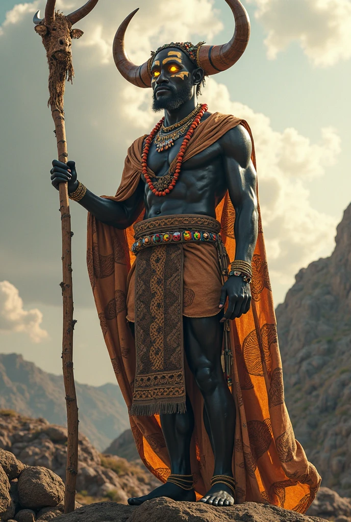 A powerful Afro-Brazilian deity standing in the heart of a mystical forest with a volcano in the background, lightning bolts tearing through a stormy sky. The orixá Ayrá has dark red skin, richly textured, with natural African hair and intricate facial details. His eyes reflect calm wisdom. He wears elegant, traditional African garments entirely in white with silver embroidery, flowing in the wind, with high-detail fabric textures. His crown is ornate and African-styled, made of silver and flames rising from it. A silver double axe (oxê) is held firmly in one hand, glowing slightly. A white dove perches gently on his flaming crown. The environment is dramatic and cinematic — wet ground, mist in the air, and the vivid contrast of fire and storm — as if captured by a high-end DSLR camera. Ultra-realistic lighting, highly detailed skin pores, realistic muscle anatomy, photo-quality textures.

--v 5 --ar 16:9 --q 2 --style photo --hd --upbeta