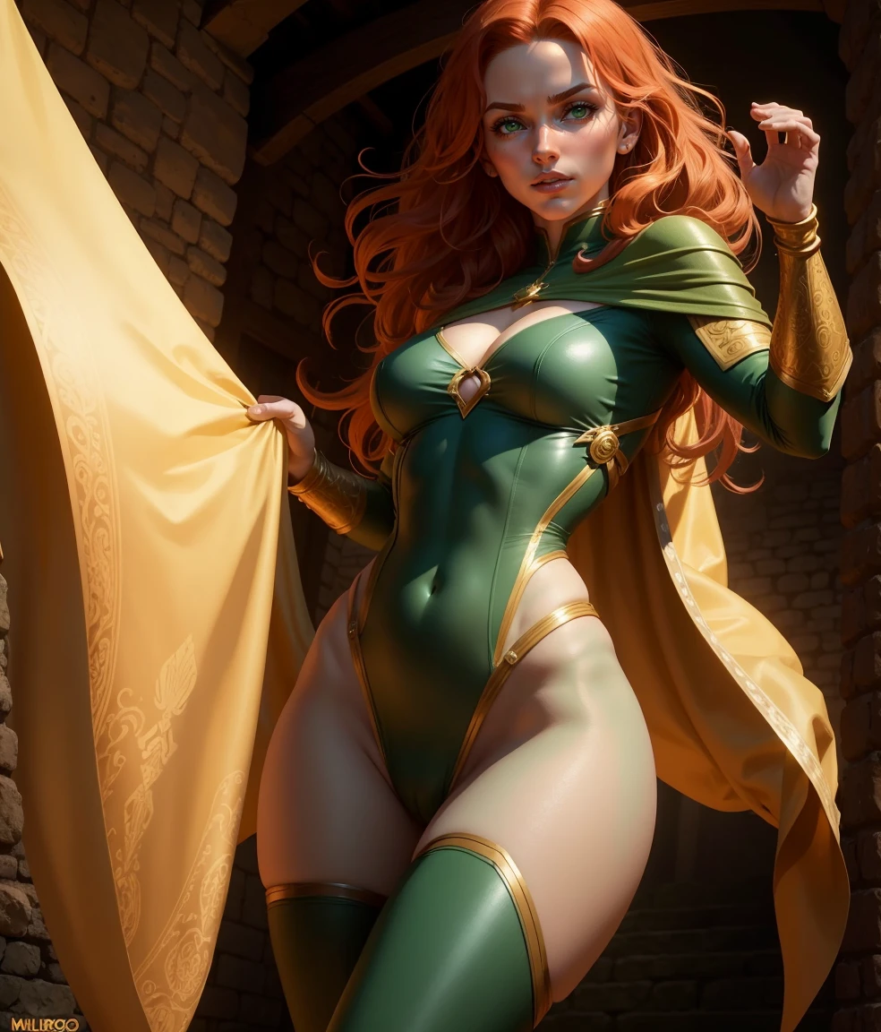 A high-society superheroine named Legacy Lady, known as the most beautiful in the world, with a beautiful heart and body. She wears a long-sleeve leotard, high-cut pants, and thigh-high boot tights. her costume is all green. She has very long light red hair. Adorned with an emerald pendant, ruby and sapphire rings, and a diamond bracelet. In various settings: patrolling a night cityscape, engaging in nature conservation in a lush forest, and battling creatures in a fantastical other-dimensional space. Maintain the same character design across all images
