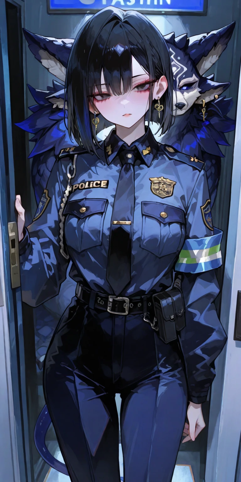 A woman wearing a(police uniforms)Speak with your mouth open,A coffin was placed next to it,