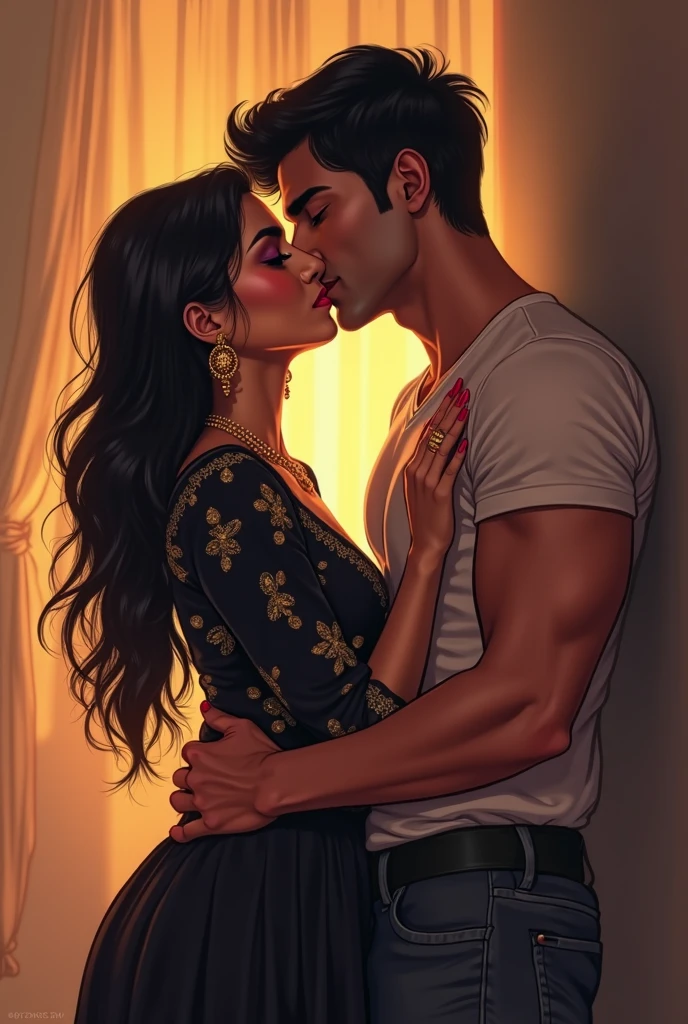indian woman, long balack hair, in green plain blouse, showing her cleavage, kissing with 20 years old boy, boy kissing on her chest, boy kiss her boobs only