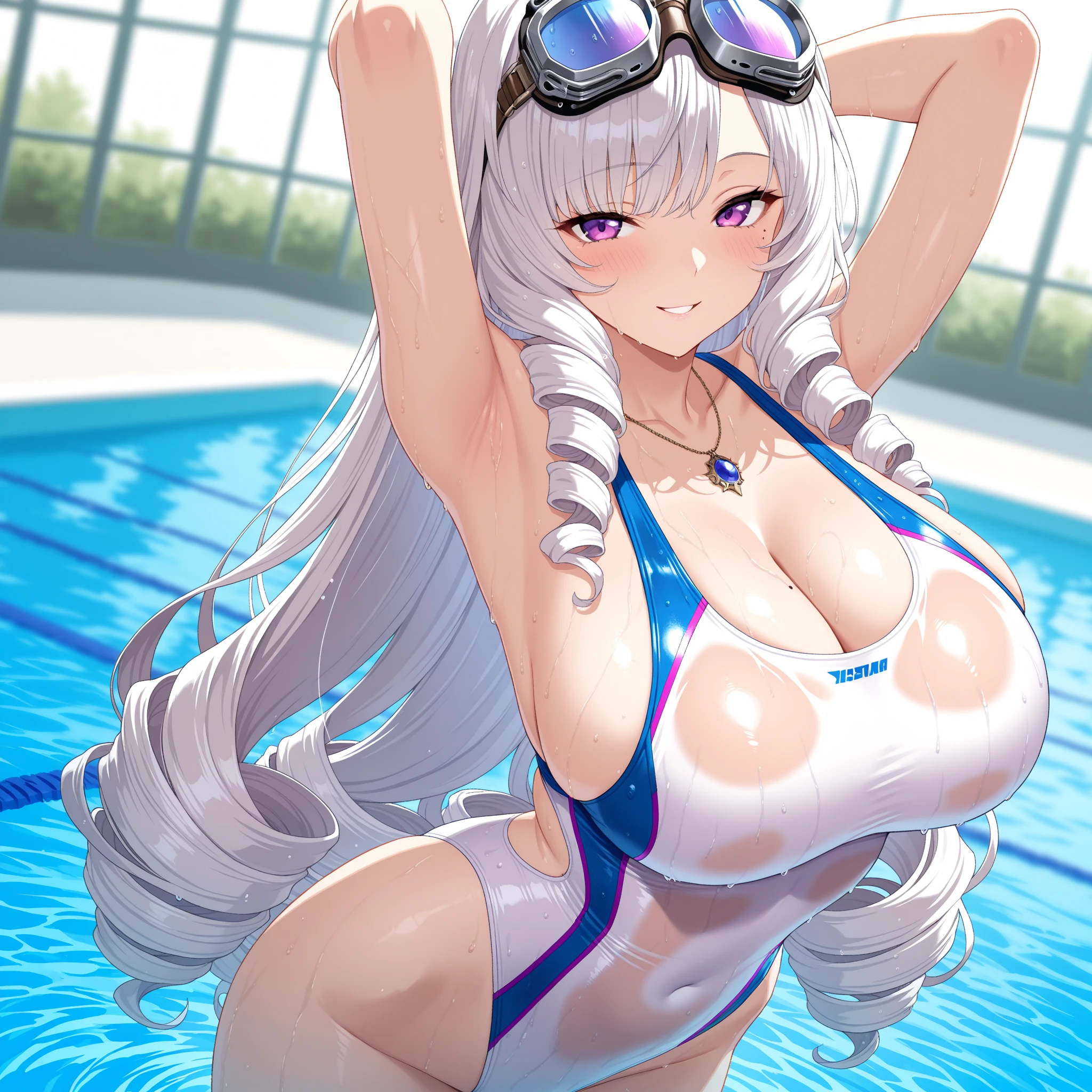 1girl, dark skin, dark-skinned female, yellow eyes, looking away, facing away, teacher, , large breasts thighs, from behind, ass, huge ass,s focus, p, poode, standing, white hair, one-piece swimsuit, competition swimsuit, tall, looking at another, facing at anot