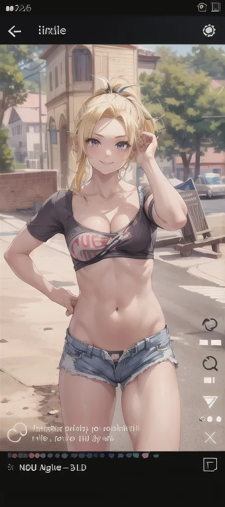 (masterpiece, best quality:1.2), full body shot, solo, Android 18 from Dragon Ball, collarbone, cleavage, ((slip-on one-shoulder crop top)), (light gray top:1.2), no jacket, midriff-baring, navel, ((white baggy pants with one button undone)), skimpy thong swimsuit, small breasts, short blonde hair loose, ((blue eyes)), ((wearing glasses)), earrings on earlobes, slender feminine figure, narrow waistline, skinny body, (plane black cap), (cap without logo), beach sandals, sunlight, looking back, looking at viewer, light blush, arms behind back, Sagrada Familia, outside, natural lighting and shadows, blur background, 4K