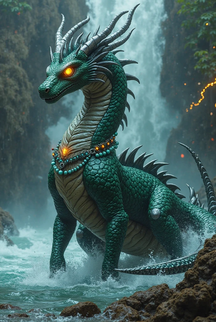 "Create a highly detailed and dynamic scene featuring the Dragon King from 'Journey to the West.' The Dragon King should be depicted as a majestic, serpentine creature with shimmering, iridescent scales in shades of emerald green, sapphire blue, and gold. His body should be long and sinuous, coiled elegantly around a towering, ancient underwater palace adorned with coral and pearls. The palace should have ornate, traditional Chinese architectural elements, with intricate carvings and gold accents. The Dragon King’s eyes should glow with a fierce, otherworldly intelligence, and his whiskers should flow gracefully in the water. Surround him with a vibrant aquatic environment, including schools of fish, colorful coral reefs, and beams of sunlight piercing through the water, creating a mystical and serene atmosphere."