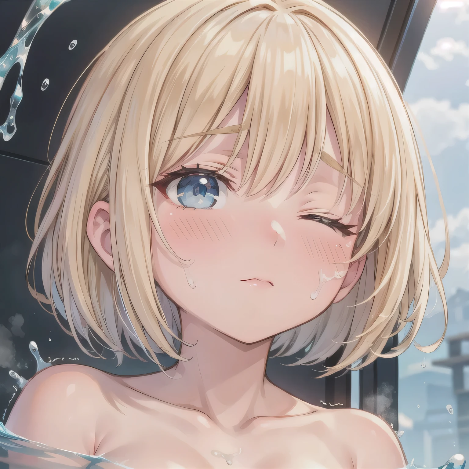A cute girl in a swimsuit（original bikini swimsuit）(Small body) (Little Girl:1.5), (blonde:1.5）(eyelash:1.2)(eye shadow:1.3) (Blue eyes:1.5), (Beautiful fine details:1.4) (Short Bob Hair:1.4), (Blue eyes)(Big Breasts:1.3) (White skin:1.2)Height: 130cm, original character, Fantasy, View Viewer Art： (A girl with beautiful deep eyes. The depth of field in the photo is perfect、Lens flares create a nice atmosphere. The details of her face really stand out, This photo definitely gets a 10 or more.. background, There is a beautiful sea with crystal clear water and water droplets floating on the surface.　Laughing happily
