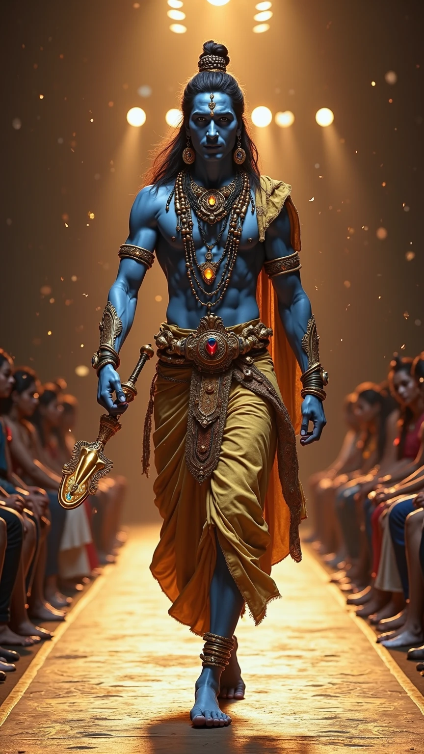 Give an image of dark dusky lord krishna with a laugh with everything around him dark and him being the limelight
