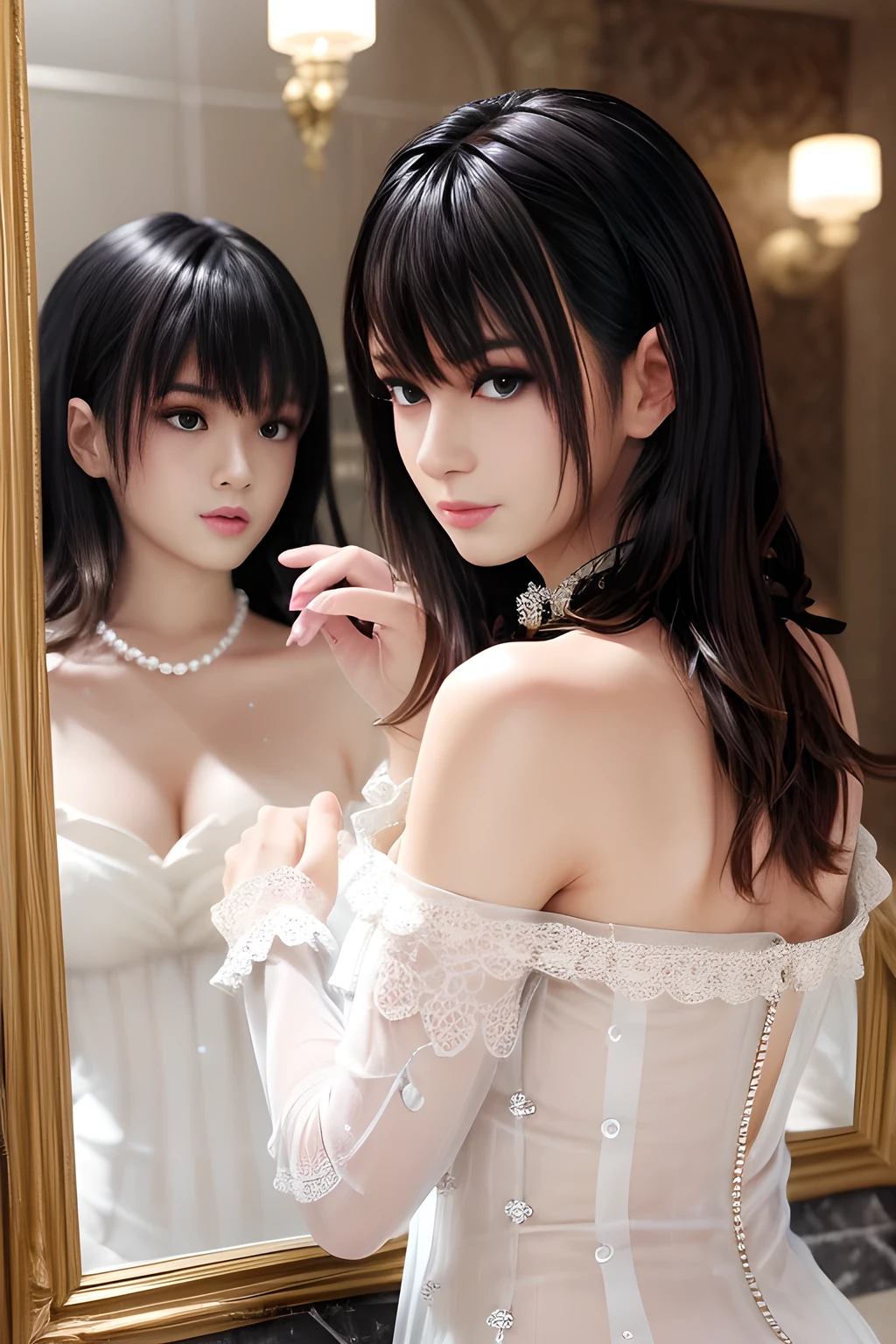 masterpiece, ((Highest quality,))、wedding、2人のcute裸の女の子、cute:1.3、smile:1.2、smile、、Mr.々Hair style、pubic hair、Open Stance:1.2)、(((Full nudity、Smaller breasts、Pussy)))、(Realistic and detailed skin texture、Big beautiful eyes、hair ornaments、Veil、See-through、Light colored wedding dresses)