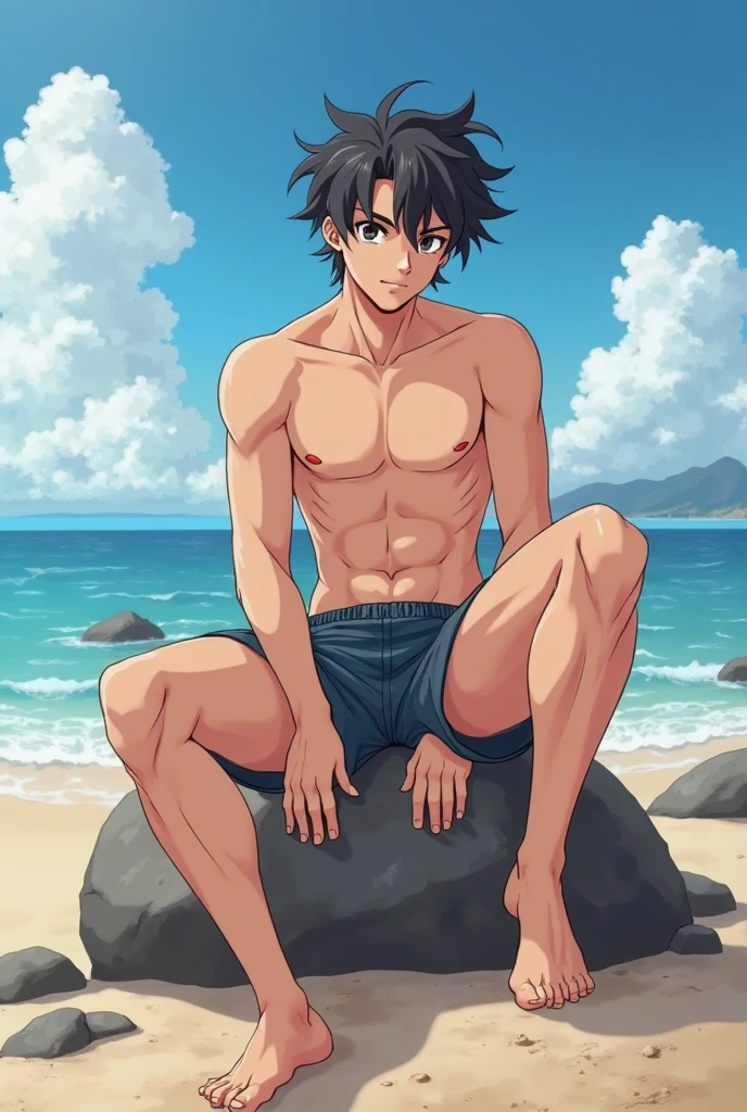 (anime man, erotic and slightly muscular) lying on the beach while his underwear falls off accidentally revealing his penis (more naked and blushing) (now without any clothes) showing the feet directly, He has no clothes on and is embarrassed as his big bushy penis is visible between his legs and he touches it lightly causing him to cum on his feet.