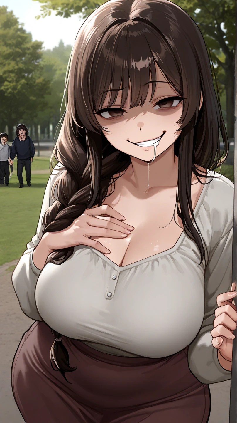 50 year old mature adult woman、Men holding penises and surrounding a girl、Teasing Smile、、From the penis、at the park、Bukkake for girls、Thick thighs crowded together、Plump Mature Woman、Glasses、(Embarrassing,blush:1.3)（Handjob）（Blowjob、1 boy, a boy is grabbing girl’s breasts from behind、White blouse、Tight Skirt、Purple lace underwear