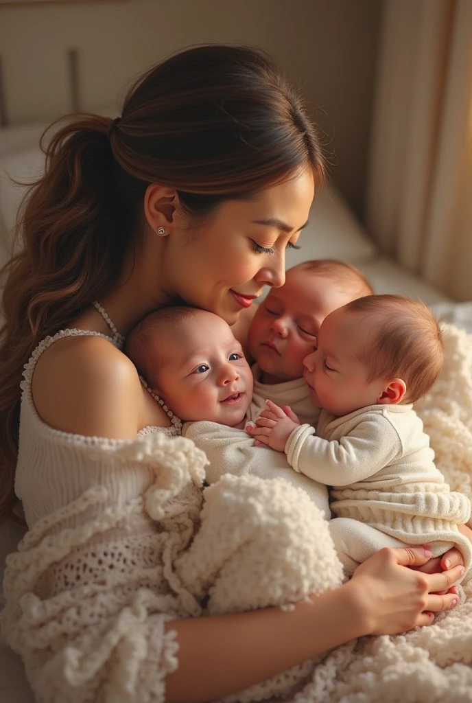 Asian baby twin girls on the lap of two married women, a taller blonde, a shorter brunette
