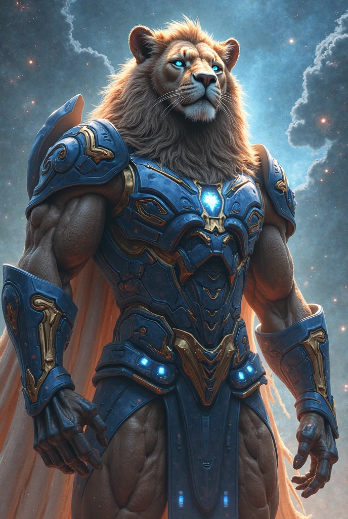 Majestic lions stand in the lost Gothic city. Moonlight highlights your muscles and scars. The scenery is lush,mistic,With a nebula as a background, With futuristic technology and surroundings. The camera details everything, a warrior woman, In front of him.