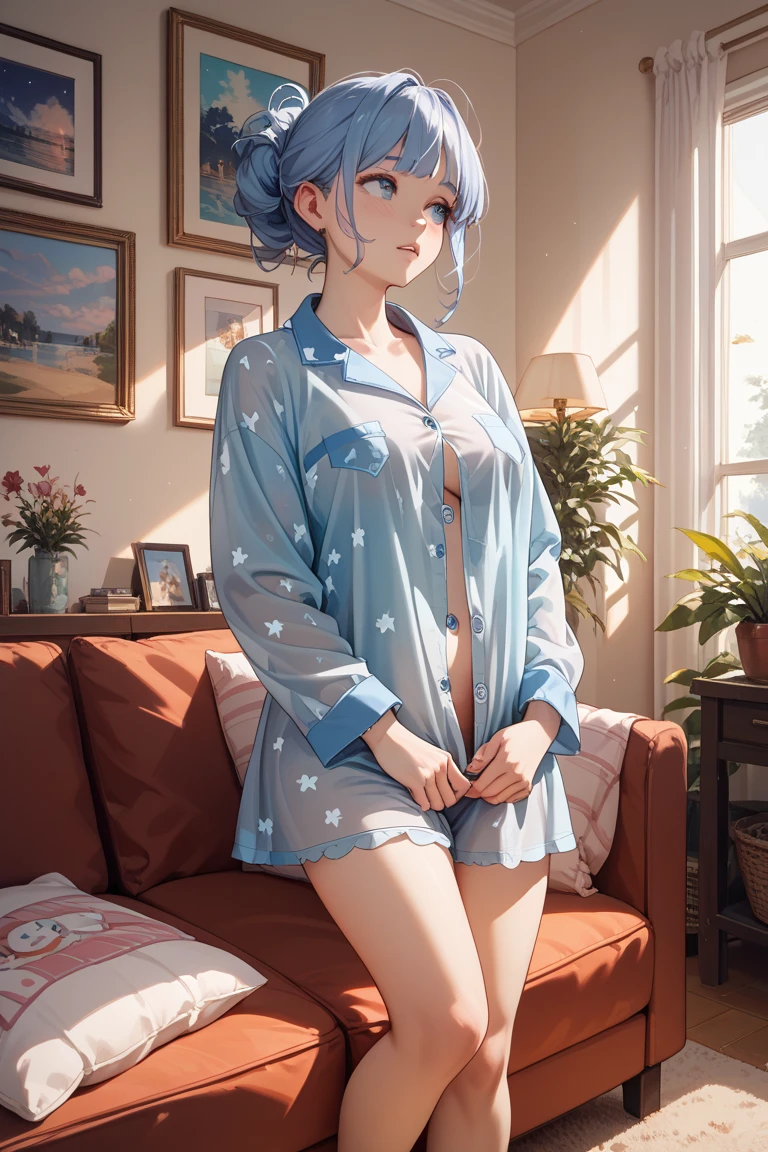 (masterpiece, best quality), 1girl, bed sheet, messy hair, unbuttoned shirt, unbuttoned shorts, blue pajamas, shiny skin,