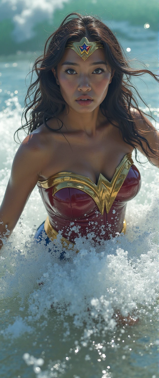 wonder woman , on all fours, fullbody! screaming . Bondage, submission, tied with ropes. screaming in pain, suffering a lot, destroyed, HUMILIATED, captured , sunny day, blue sky