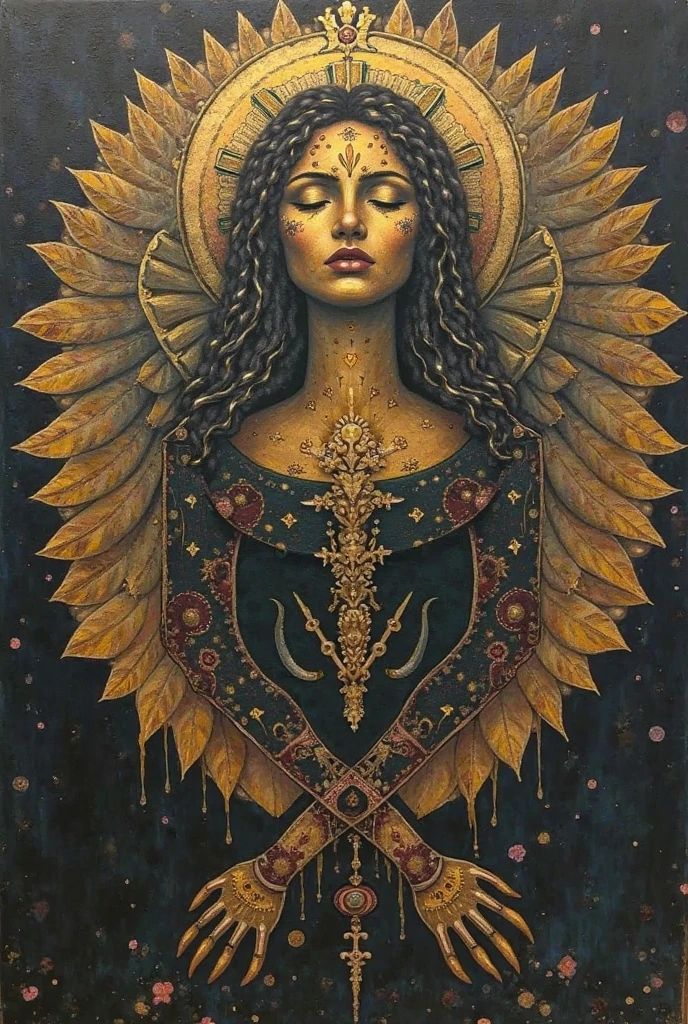 a portrait of a goegeous american sacral priestess, witch, goddess, princess, queen, intricate emerald and gold jewerly, dressed in jewels tones, magical surrounding lighting outline, holding a quartz crystal staff emanating rainbows, exotic, pretty face, intricate, elegant, highly detailed, digital painting, concept art, smooth, sharp focus, illustration, newhorrorfantasy_style