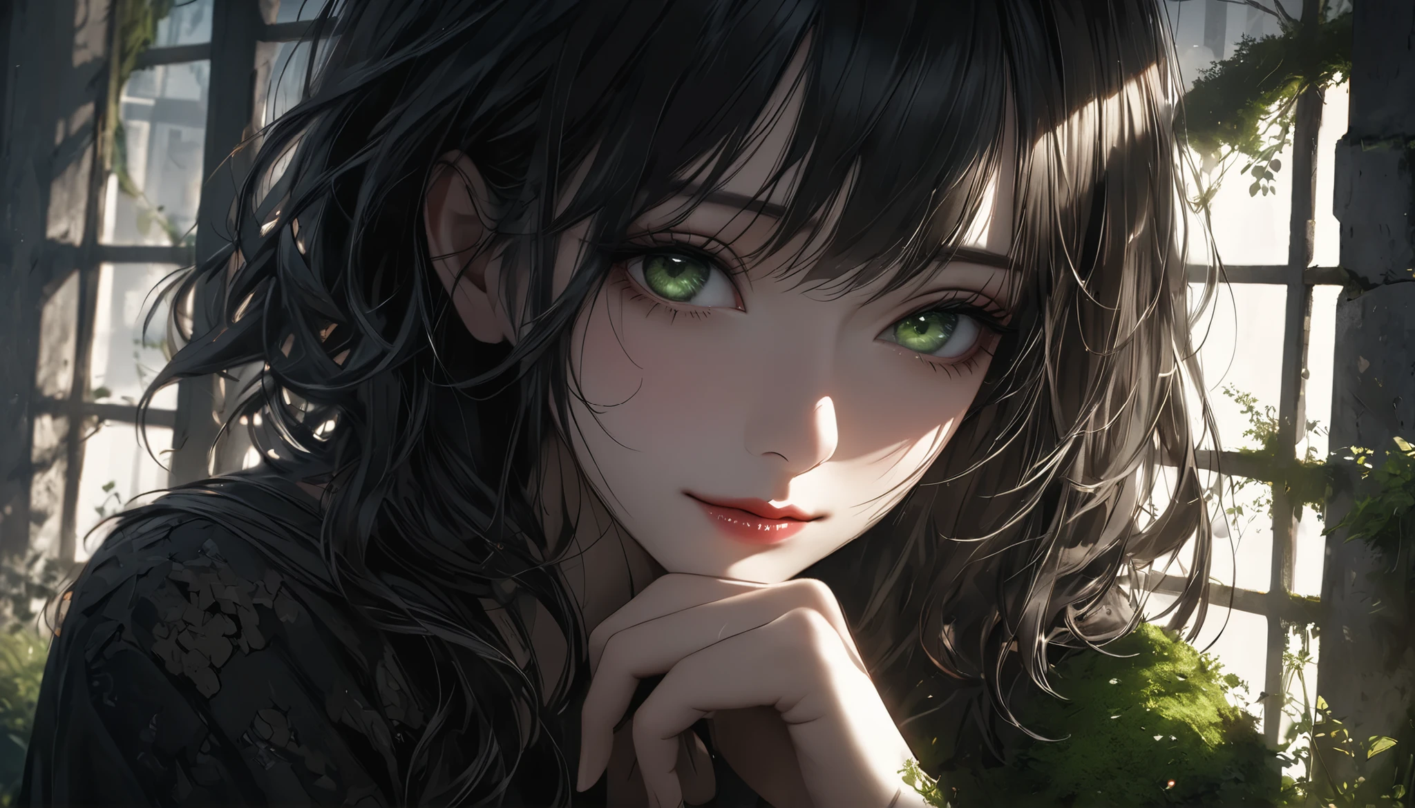 dark部屋に座る若い女性, concrete prison, only light shining through a small window, Lattice window in a high position, Beautifully detailed moss green eyes, sad expression、black hair、sorrow、beautiful detailed lips, very detailed face, long eyelashes on their left hand, natural yet melancholic smile, 1 girl, solo, There is no barrier between the viewer and the subject, Chiaroscuro lighting, dramatic, dark, Movie-like, high contrast, Sulky, 1 Person in the Atmosphere , (Highest Quality,4K,8k,high resolution,masterpiece:1.2),ultra detail,(realistic,photorealistic,photo-realistic),dramatic lighting,Movie-like composition,melancholic,Emotional,Powerful,Impactful