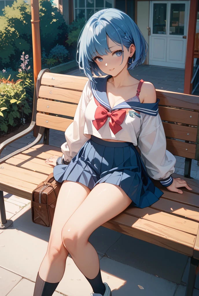 Sitting on a bench, Kamisato Ayaka, tighs, elegent, blue, sunset, ocean, blush, detailed face, detailed eyes, beautiful face, crop top, blue shoet skirt