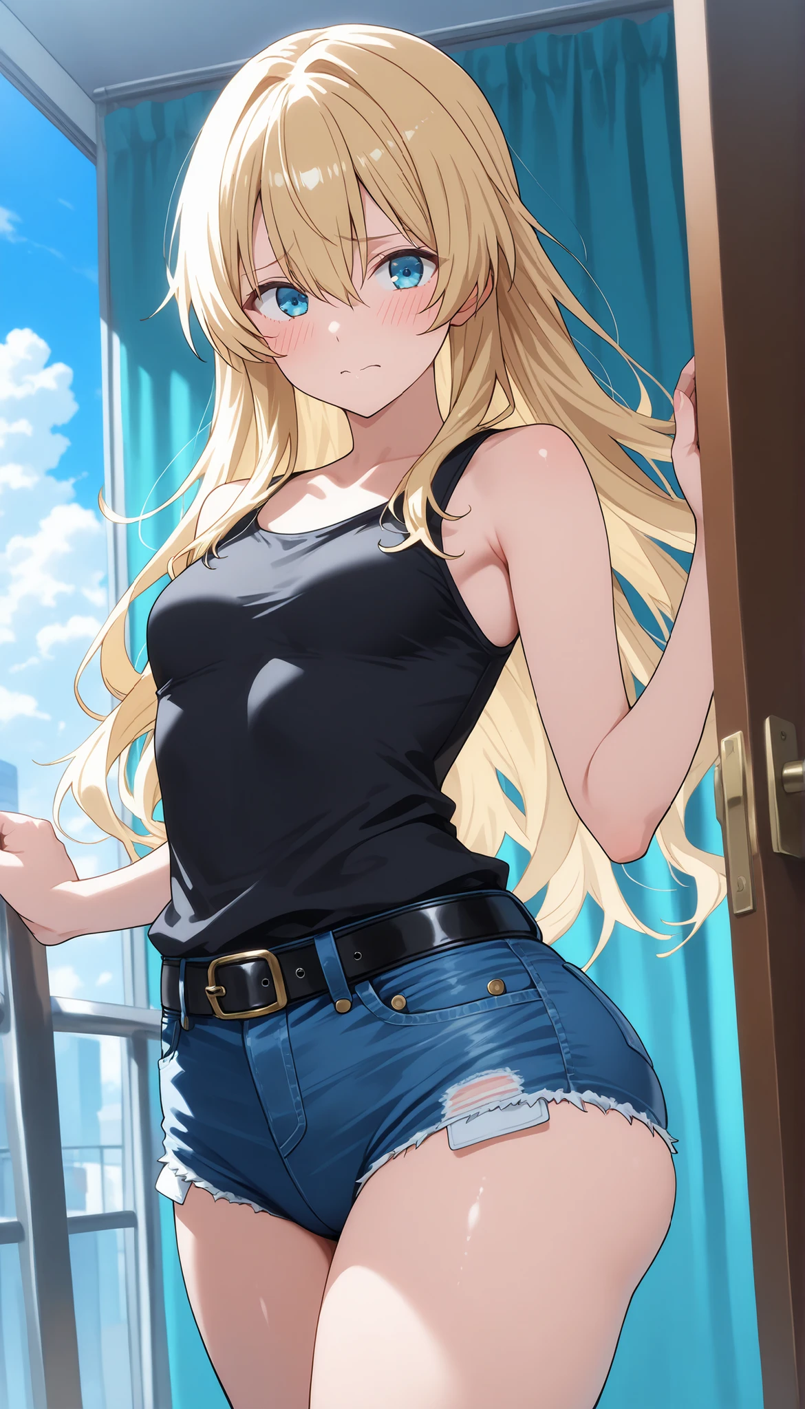 score_9, score_8_up, score_7_up, score_6_up, score_5_up, score_4_up, source_anime, tag1, tag 2, 最High Quality, High Quality, details, high resolution, 8k, 超high resolution, Soft Saturation, professional quality, perfect contrast, PERFECT FITTING, anatomically accurate, perfect face, perfect face, perfect hair, perfect eye side by side, Perfect Body, perfect breasts, perfect arms, perfect skin, clear face, hyperbreasted, small breasts, wide hips, huge ass, sensual woman, embarrassing, , lines, bedroom eyes, Shy Blake Dutch Angle, 前かがみ, black tank top, Jeans Micro Shorts, belt, street