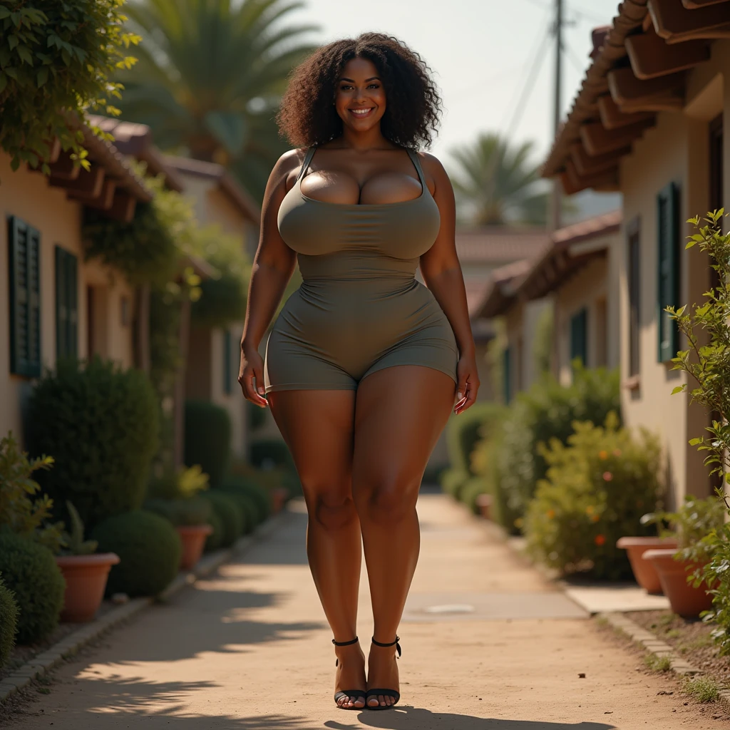 a beautiful black woman fully naked with afro large breasts, walking down sidewalk