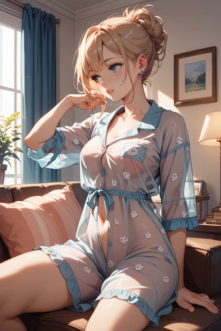 short hair、Light cream colored hair、Sex、cowgirl position, squatting, spread legs、cowgirl position, squatting, spread legs、Upper body naked、nude、Hide your with your hands、Blushing、Embarrassed expression、、Not wearing a bra、