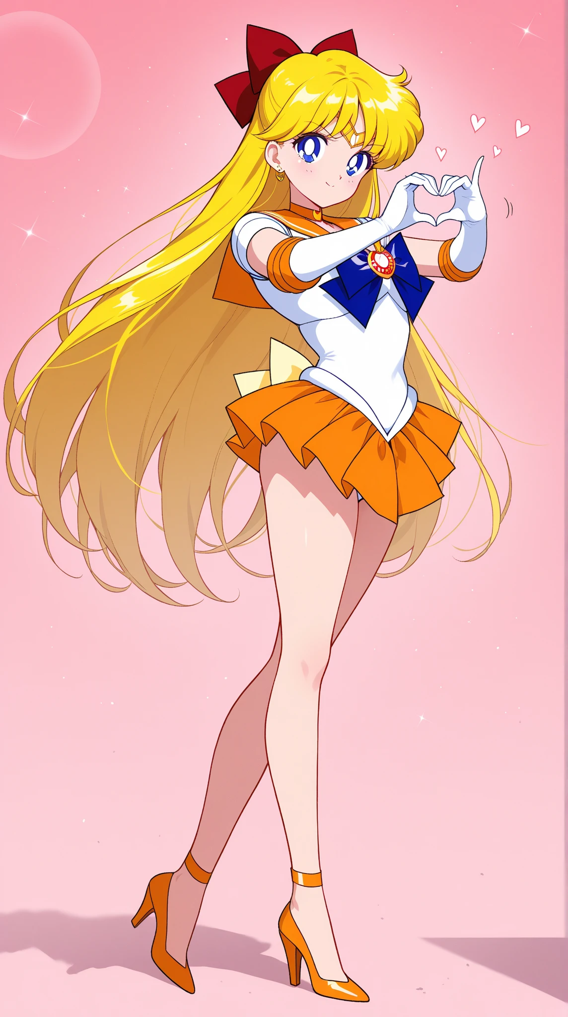 Top Quality Anime Art、masterpiece、high definition anime art、アニメstyles4K、rating:safe、Sailor Senshi Uniform、Anime Aunt、MILF、a matural female、A MILF、magical little girl、aino minako、Orange sailor collar、Golden sailor collar、bow、sailorvenus、red_bow、skirt、Orange Choker、Golden Choker、Very long blonde woman、Red ribbon on head、breasts、Purple ribbon on chest、solo、white glove、elbowgloves、Half Up Hair、back_bow、jewelry、Blue-eyed woman、full_body、White leotard、highleg leotard、robe blanche、、Orange High Heels、Golden high heels、Orange skirt、Golden skirt、hair_bow、brooch、pleatedskirt、star_(symbol)、heart、Woman with very large breasts、huge tit、Symbol of Venus、Moon in the night sky、long legs、star_choker、crescent、Woman standing in the middle of the night、Star earrings、golden aura、yellow_background、Bare shoulders、bare legs、ribbon、hair_ornament、purple_bow、orange_background、yellow_bow、(1990's\(styles\):0.9)