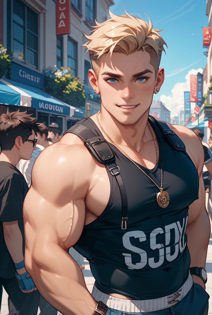 Young man, short blond hair, handsome face, tired expression, green eyes, large muscles, hyper pectoral, thick thigh, large butt. He's wearing a low-cut tank top, black pants, a backwards hat, and a silver chain around his neck, Big bulge. Scenery, party at night.