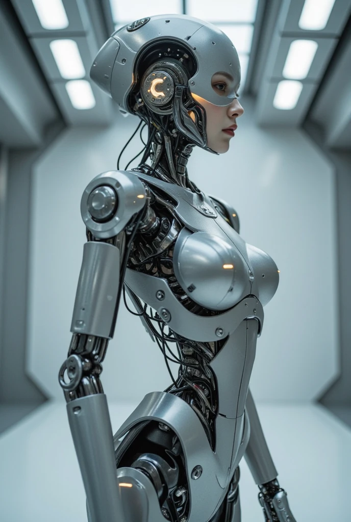 (photorealistic:1.4), (RAW photo)masterpiece, best quality, extremely detailed, (8K, 4K, Best Quality, hight resolution, 超A high resolution:1.1), 8K portrait,1girl in, Japaese android girl,announcer,Plump ,metallic robot girl,silver robot girl, control panels,android,Droid,Mechanical Hand, Robot arms and legs, Black hair,Mechanical body,Blunt bangs,White Robotics Parts,perfect robot woman,Charging spot,Long Tube,A thick cable was connected to her neck,android,robot humanoid,a bit chubby,full eyes,perfect mechanical silver body,silver robotics body,future assembly plant,She has repaired,black sponge joints,android assembly plant,android,laboratory,perfect machine body,metallic body,silver body,silver admen,The removable cover is in the groin,The connection port is in the groin,perfect mechanical breast,robotic body suits,