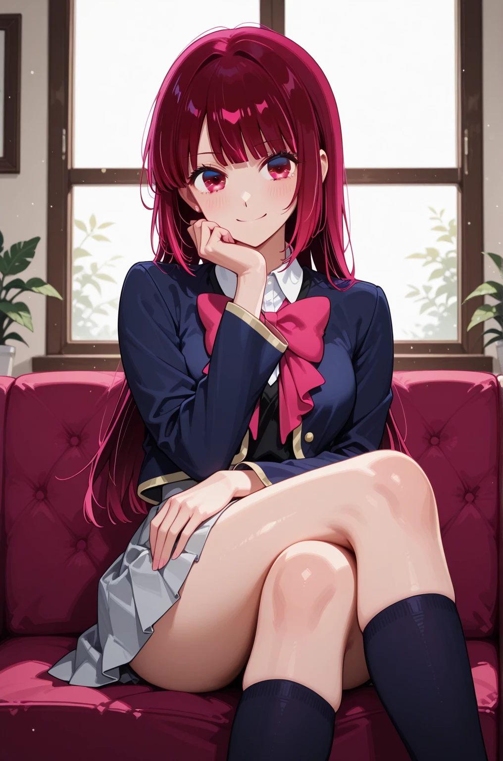 upper body, camellia, flower, red_flower, red_rose, rose, sword, weapon, katana, 1girl, pink_rose, pink_flower, spider_lily, shoes, long_hair, school_uniform, serafuku, sheath, skirt, solo, holding_sword, sheathed, vase, looking_at_viewer, sitting, orange_flower, pleated_skirt, rose_petals, black_shirt, black_legwear, black_skirt, holding_sheath, hibiscus, very_long_hair, parted_lips, loafers, sailor_collar, black_hair, neckerchief,
