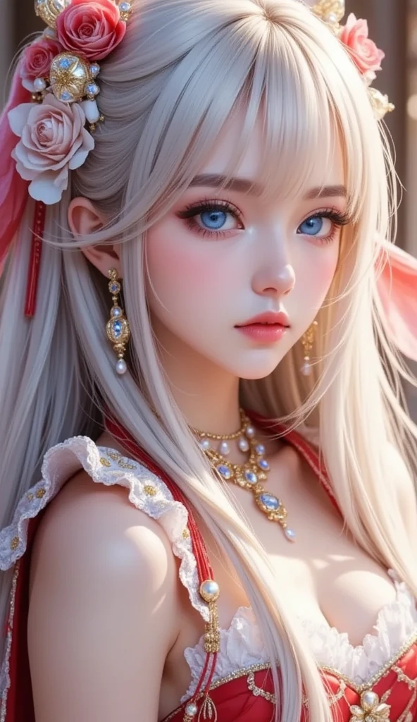 Beauty、 One girl, alone, Long Hair, View your viewers, smile, blue eyes, hair ornaments, White Background, jewelry, Gray Hair, Mouth closed, Blunt bangs, Manicure, bracelet, lips, Grey Eyes, Portraiture, Red nails, close, red lips, put your hand on your face, Put your hand on your cheek,(Mature Woman),(Shiny skin),((Steaming body))