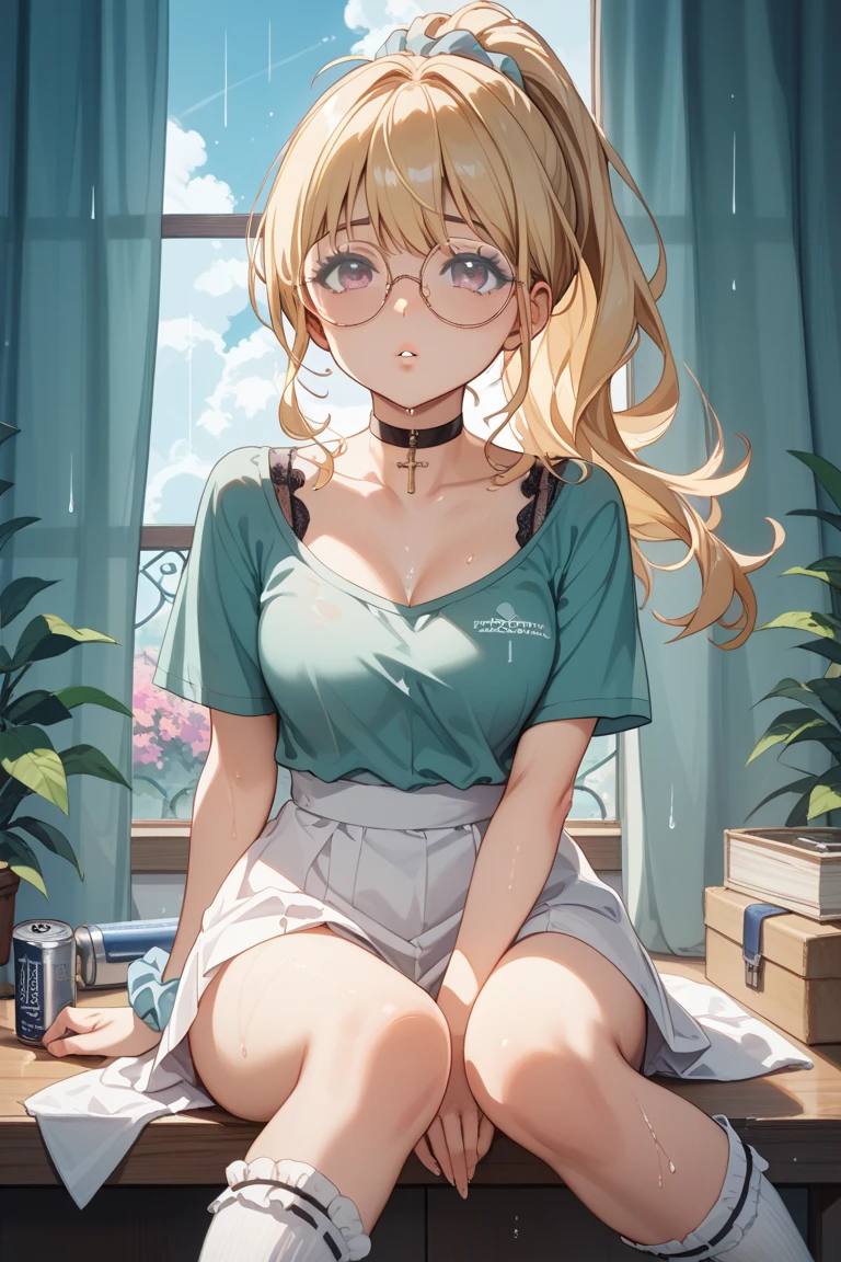 in 8K、top-quality、​masterpiece、ultra-detailliert、Ultra-high resolution、Fine eye shine、((1 persons))、girl with、a blond、floated hair、makeups、a necklace、Big round lens glasses、Medium chest、Long shirt without buttons、White underwear、cleavage of the breast、(((Sit on the bed)))、embarrassed from、Kamimei
