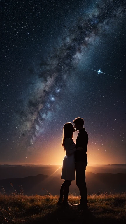 Design a sensual and intimate portrait of two lovers embracing passionately under starlight. Their bodies entwine softly, expressing genuine affection and connection. Delicate tendrils of golden light emanate from their touch points, symbolizing the warmth and intensity of their bond. Surrounding them is a celestial landscape filled with swirling galaxies, planets, and constellations, representing the vastness and mystery of love. Utilize subtle color gradients and soft focus techniques to evoke emotion and intimacy without crossing into explicit territory. (full body:1.5), enormous tits