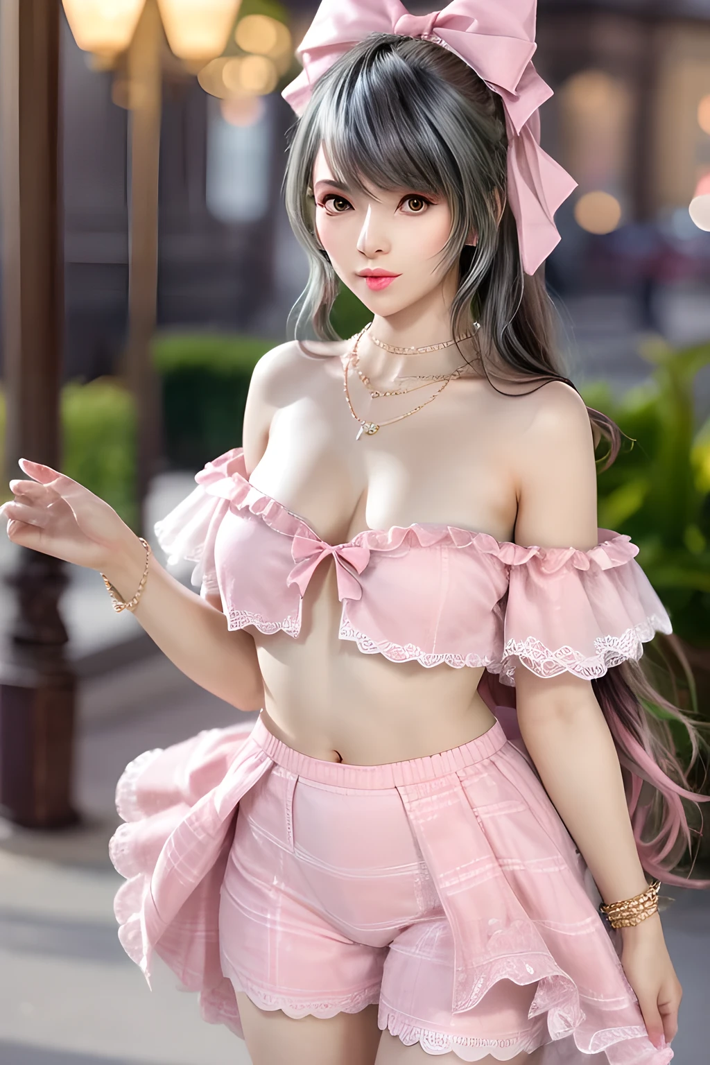 Mature Woman、Pink Hair、Light grey hair、((Two-tone hair))、Age 25、20th Generation、White Lolita dress with delicate pink decoration、Slender women、Large Breasts、Cute Woman、 8K Ultra HD,Detailed face、Delicate texture, Long Hair、(((Blunt bangs)))、(((Drill Hair)))、Tutu skirt、Thigh-length lace tights、short boots、((Ethnic Lolita))、mini skirt、A room in a Western-style building、((Delicate photo)),(RAW photo details:1.25), (Highest quality:1.6), (Ultra-high resolution:1.5), (Realistic:1.75), 8K resolution, Canon EOS R5, 50mm, Absurd, Very detailed,Cinema Lighting、((stuffed toy:1.25))、(Browsing Caution:1.45)、(Spread your legs)、bow、Border pattern panties