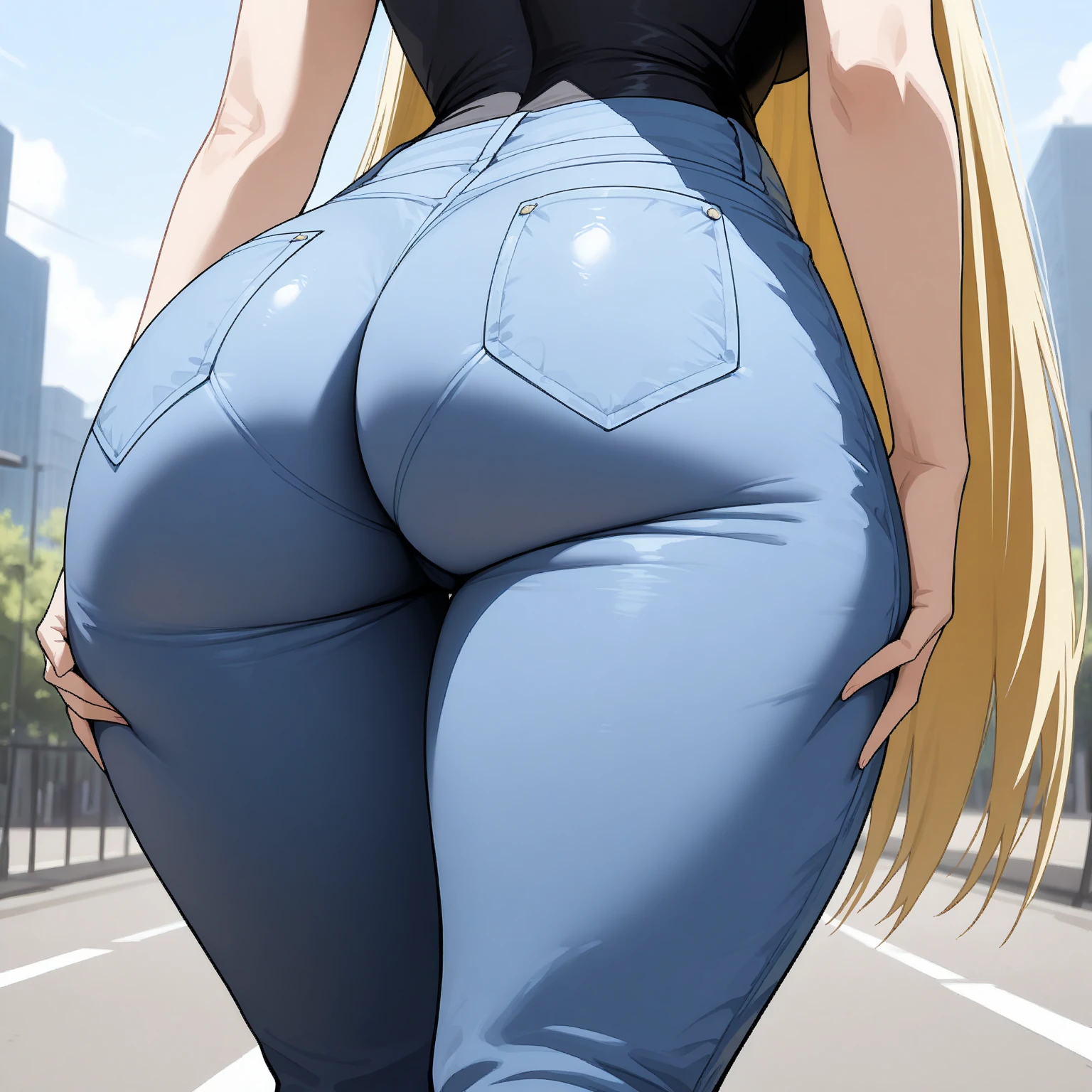 Araffe Butt - Burr in black top and jeans standing in front of the window, Chic, lit from behind, giantess art, thick thigths, realistic shaded perfect body, oppai, Android 18, Commission for high resolution, large thighs, cutesexyrobutts, dressed casually, Thick, black extremely tight jeans, hyperrealistic full figure, Voluptuous body, curvy body, Tifa Lockhart, Naughty anime style, plus size model, Scruffy body,Erotic cartoon style body, Married woman's big ass,Eros of a married woman, Married woman style, Married woman atmosphere