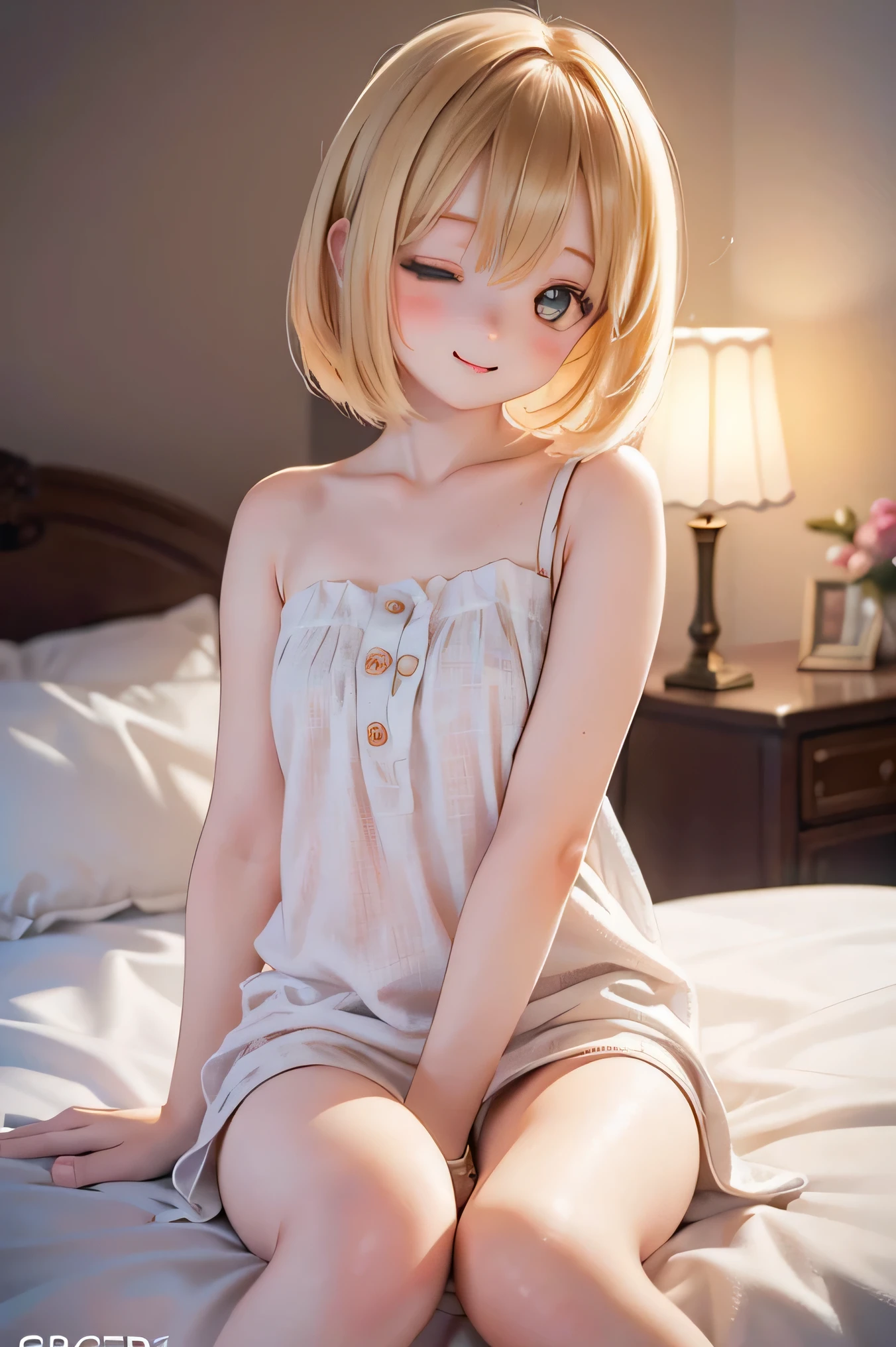 blonde、short hair、girl1、close-up of face and knees、smile、window、morning、sunlight