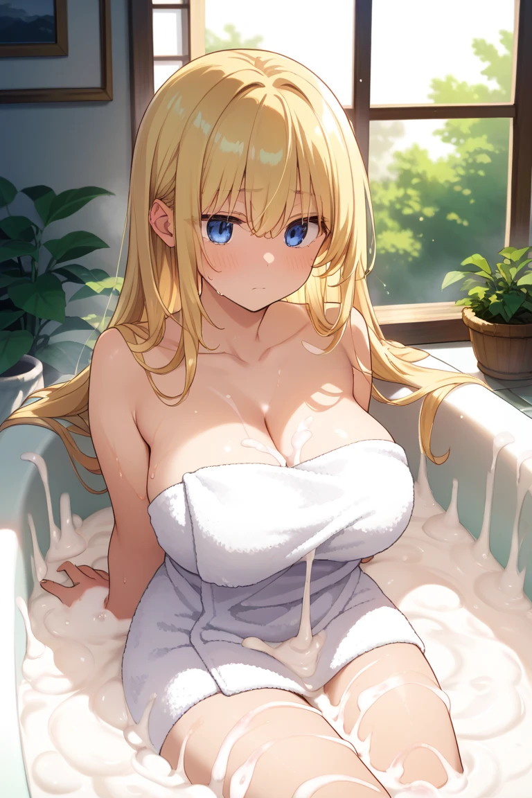 (medium portrait:0.7), (best illumination:1.1), (golden hair:1.1), 1girl, wolf ears, flustered smile, moderate breast, (ayaka:1.2), in big bathtub, soaked in bathtub, open mouth. cleavage:0.8, (canine tooth:0.4), blushing:1.4, (no clothes:1.4),