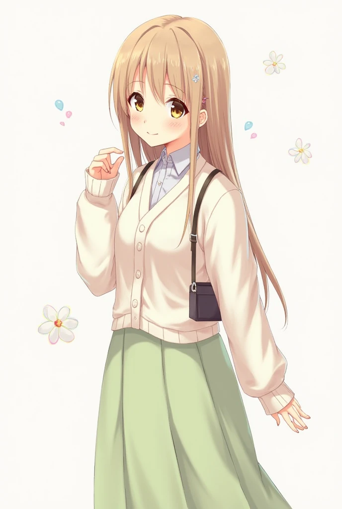 masterpiece, best quality, highres, nn1, 1girl,nino, hair ribbon, long hair, green skirt, white shirt, black cardigan, open clothes, white thighhighs, long sleeves, cowboy shot, standing, waving