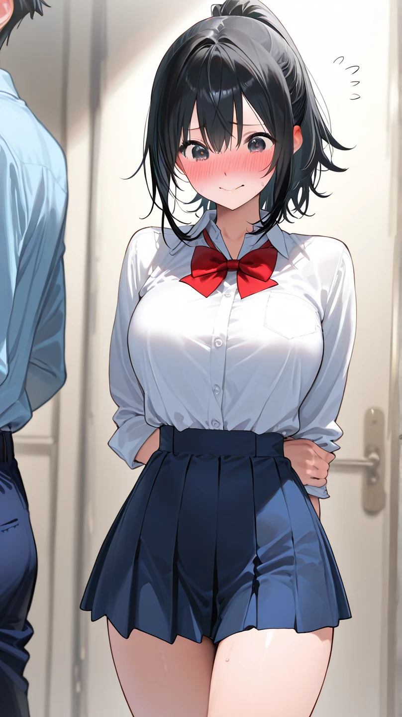shinkai makoto, kimi no na wa., 1boy, buzzcut, school uniform, face to face, boy holding grasping girl's shoulders, cheek licking cheek, 1girl,black hair, red ribbon, red headband, short hair, open eyes, tears eyes, blush, brown eyes, collared shirt, red bow, yellow vest ubuttoned, white long sleeve, open shirt, medium breast,light pink bra, cleavage,indoors, night,
