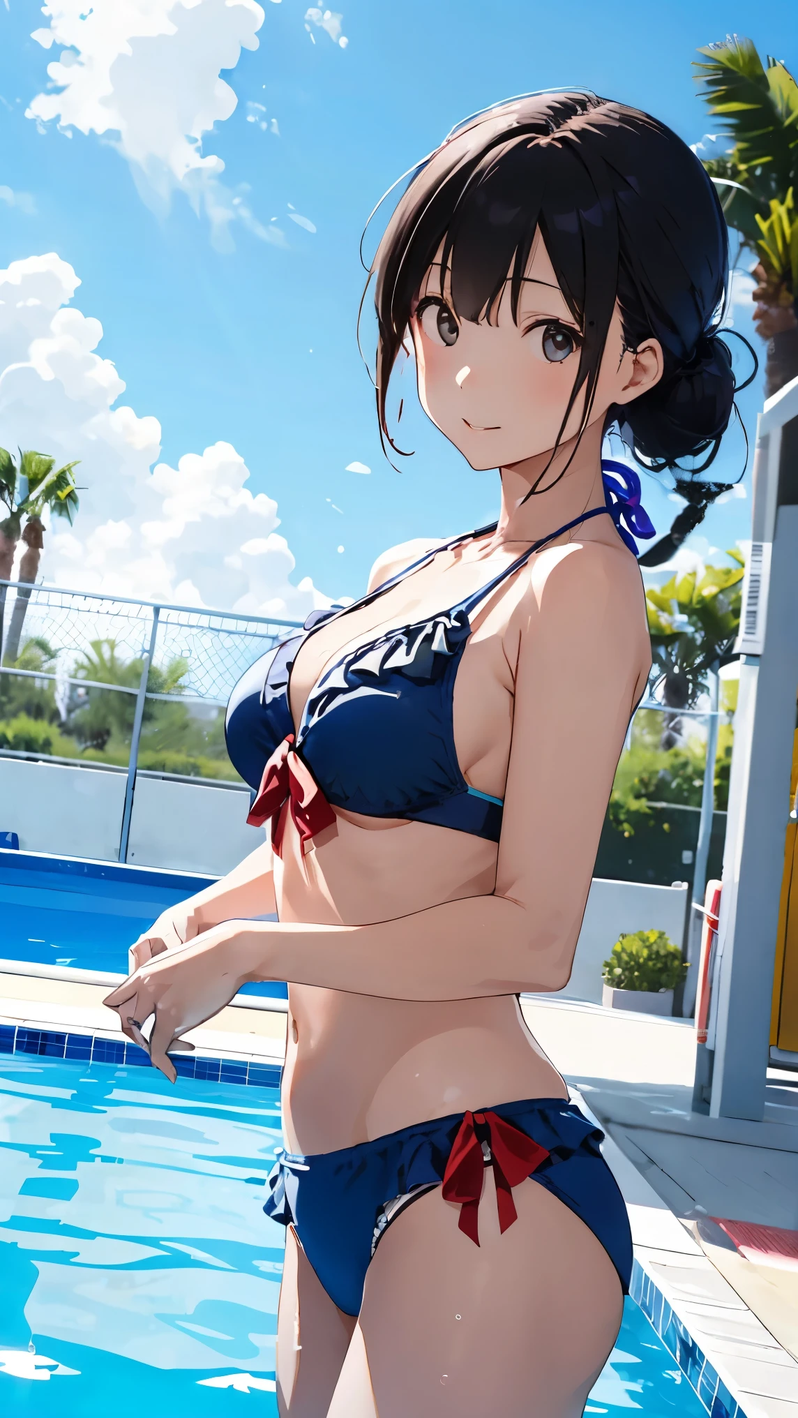masterpiece, best quality, highres, hmkm1, short hair, ponytail, striped bikini, side-tie bikini bottom, medium breasts, cowboy shot, poolside, sitting, wet,