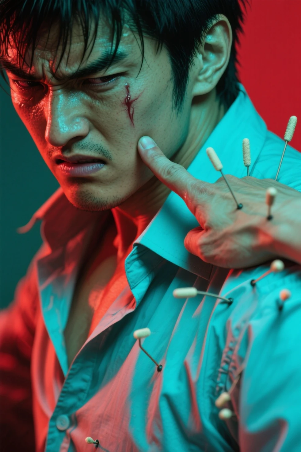 Make a picture of a guy bleeding a lot of blood 
