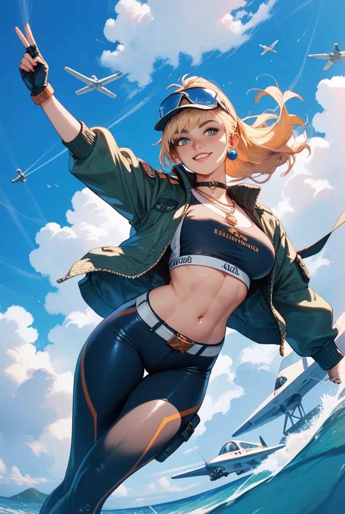Sunsethuman, female, two tones of hair, red and yellow hair, wearing a baseball hat, standing next to an (A-10 fighter plane), denim shorts, bikini top, underboob, smiling