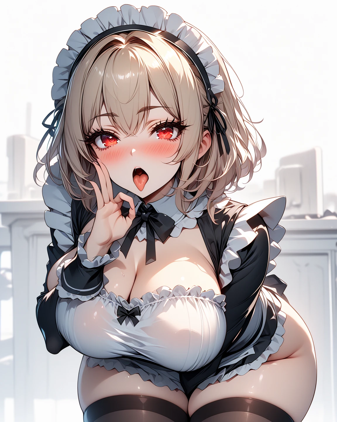 mastute piece,Best Quality,insanely detailed,8k cg,nsfw,
(shoot upper body:1.3),
(1girls:1.3),standing,looking at viewr,body in front,(arms behind back:1.4),(sailor maid:1.3),ホワイトプリム,(bare breasts),break,
blush,shy,(ecstasy face),(trembling:1.2),break,(light silver hair:1.3),
break,
perfect breasts,perfect teats,(open mouth:0.9),(large breasts:1.2),
(bedroom),