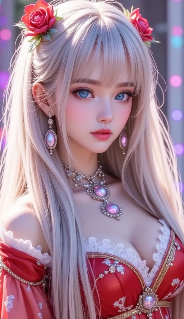 masterpiece, Highest quality, Very detailed, crystal, Intricate details, High resolution, Official Art, Beautifully detailed face and eyes, High resolutionの写真, 8k, Depth of written boundary, Bokeh, alone, One girl, A goddess with white hair and red eyes, Long white hair, Beautiful red eyes, Beautiful Landscape, Rainy Town, Upper Body, View your viewers,