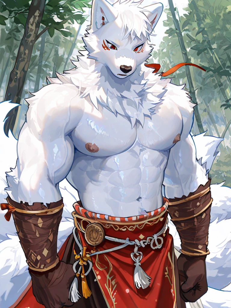 Deer orcs,male,178cm,88kg,17cm,It's a hybrid of wolf and deer,With golden antlers,deer ears,Wolf paw,wolf tail,Covered with white hair,There is a blue moiré pattern on the collarbone,There is a light blue iris-shaped pattern on the chest,Lean body,But I still have more obvious chest muscles and six-pack abs,blue stripes on arms,Different pupils,The left eye pupil is red,The pupil of the right eye is blue。Wearing a gold frame monocle(left),The temples are antler-shaped,Wearing light blue ancient style Hanfu,The entire garment is dotted with snowflake patterns and cloud patterns.,The wide cuffs of the dress are embroidered with a light blue iris pattern.,A safety buckle tied with a red rope was hung around the waist.。