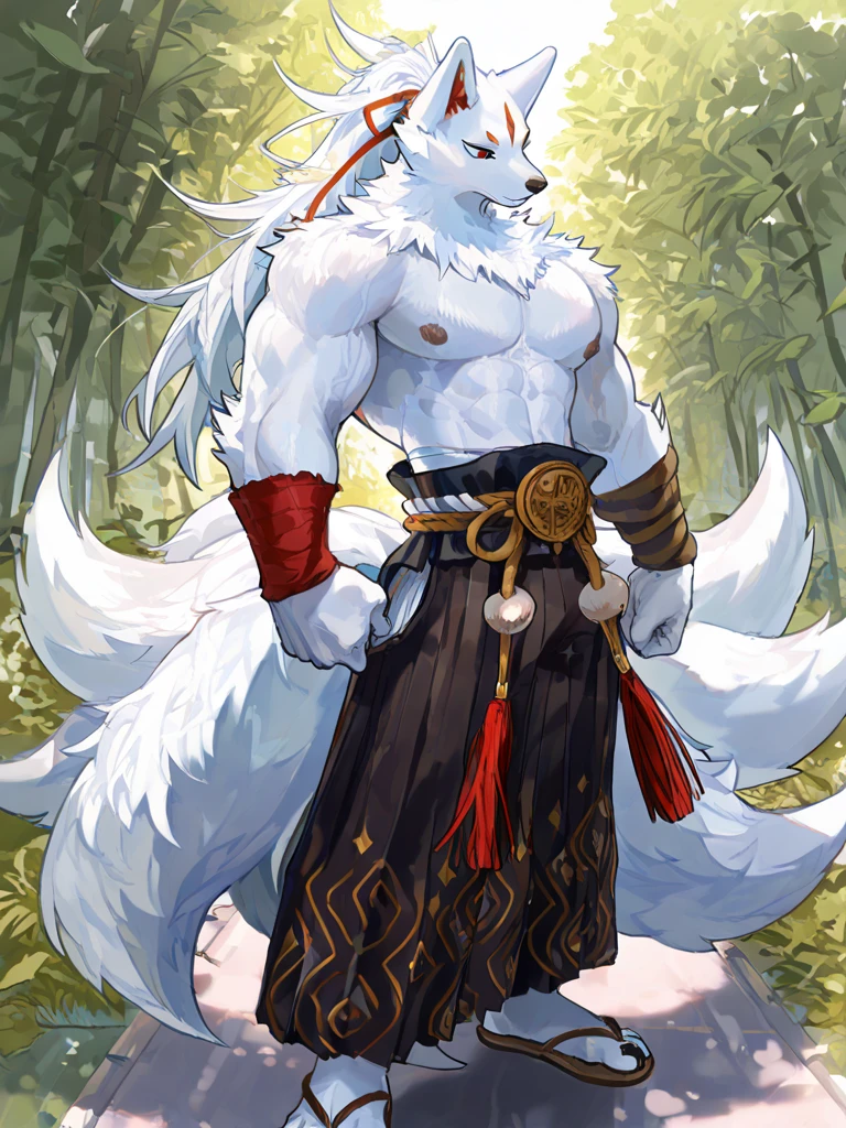 (Best image quality),(masterpiece),(((The only person))),(Ultra Detailed),(Male Arctic fox:1.5), (White skin:1.3), hairy,White Paws,(White fur:1.3),((golden pupils)) ,(Gray ears),(hairy animal ears),((Wearing Chinese white robe,Bare belly),complex background,Delicate face,details on face,character focus,Detailed clothes,upper body,Depth of Field,lighting perfect,Sharp focus,light particles,In the bamboo forest,fencing,martial arts,Smile,Solitary