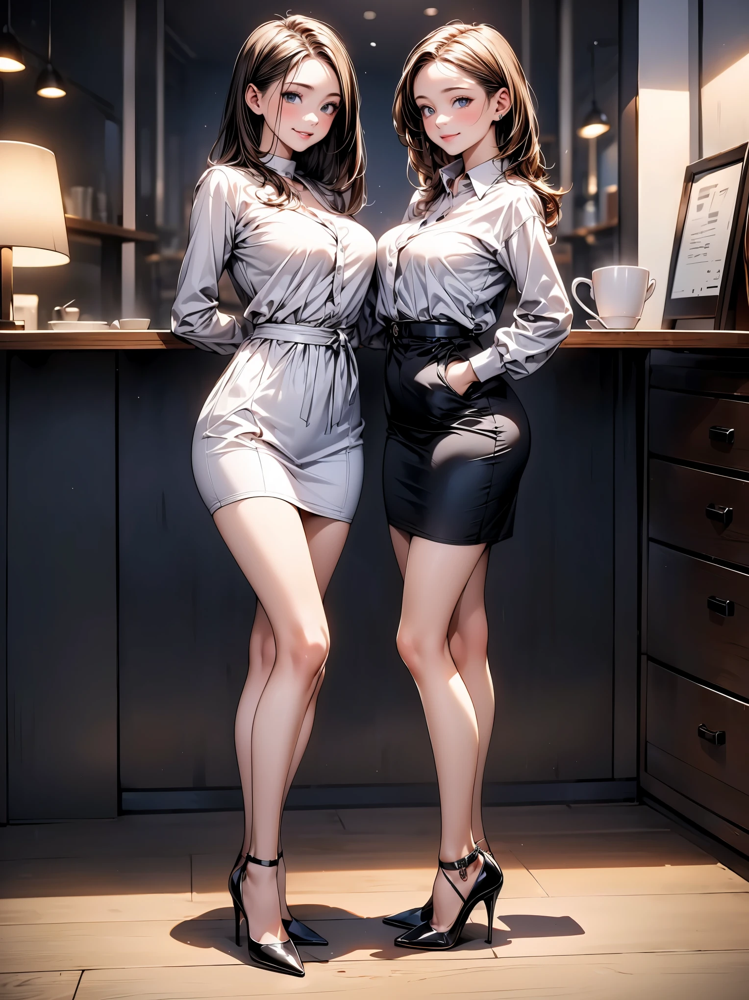 20-year-old woman,soft lighting,sitting on a chair with legs together,face perfect,smiling,perfect figure, random hairstyle, Top of the tube, trench coat, pants,narrow shoulders,Breasts huge, Broad Hips