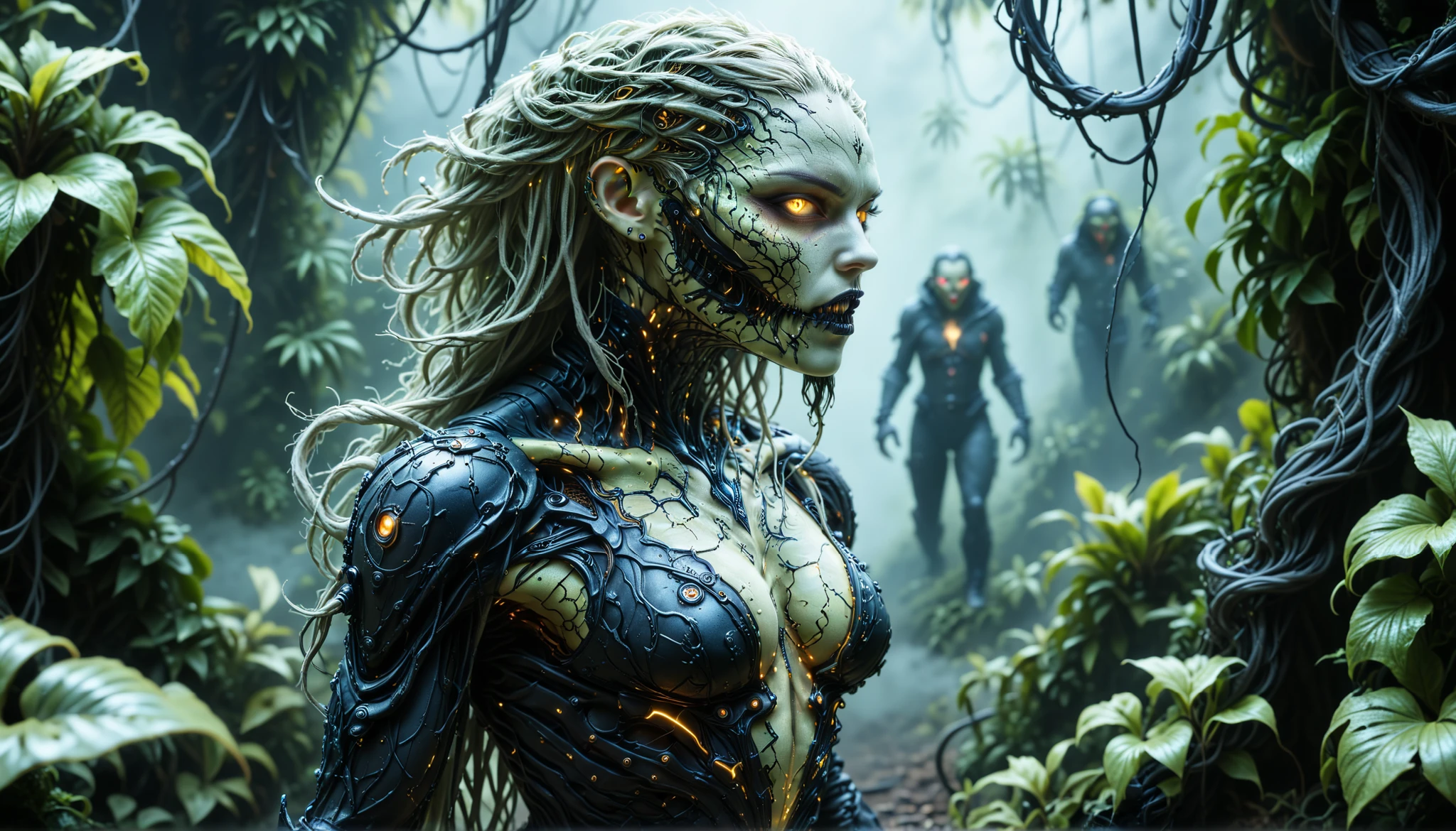cybernetic corruption, seductive cybernatic vampire,Rainforest Outpost: Vampire with green‑tipped dreadlocks, glowing yellow eyes, wearing a camo‑patterned armored suit. She emerges from a misty jungle base overrun with bioluminescent vines.